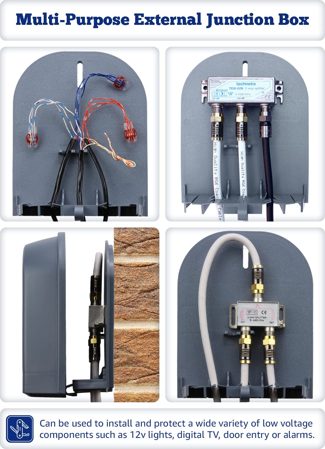 1STec Virgin Media Junction Box for Housing Telephone TV Superhub Modem Leads Electrical Connections on External Wall Joining 2/3 Way F-Connector Splitters to Main Outside Drop Wire (Small External)
