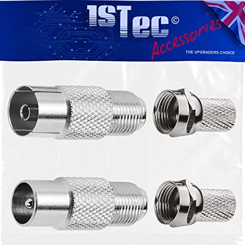1STec Screw Type Male and Female Coaxial UHF Plug + Socket + 2 x F-connectors for making TV Extension Leads with Standard 6mm RG6 CT100 WF100 Freeview Satellite Aerial Coax Wire Installation Adaptors