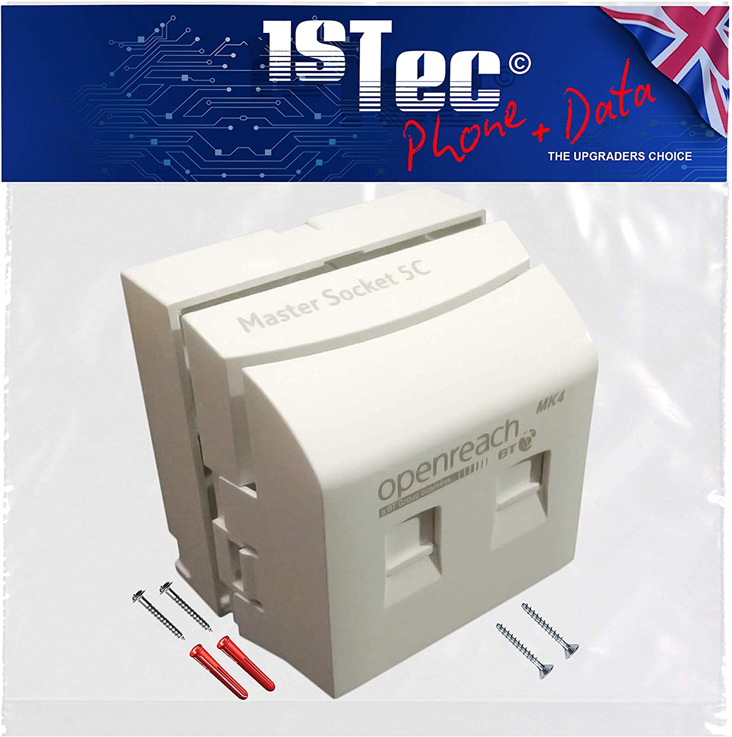 1STec BT Openreach NTE5C MK2 Master + MK4 Faceplate + Back Box - Combination Socket for Fibre Broadband + Filtered Telephone Main Line BT431a for Phone RJ11/RJ45 Data (5c Mark 2 + 4 + Surface Mount)